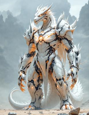 The primary subject of the image is a white dragon with a long tail. The dragon is standing in a snowy environment, which adds to the overall atmosphere of the scene. The visual style of the image is digital art, as it appears to be a computer-generated or digitally rendered image. The colors in the image are predominantly white, which gives the dragon a clean and pristine appearance.